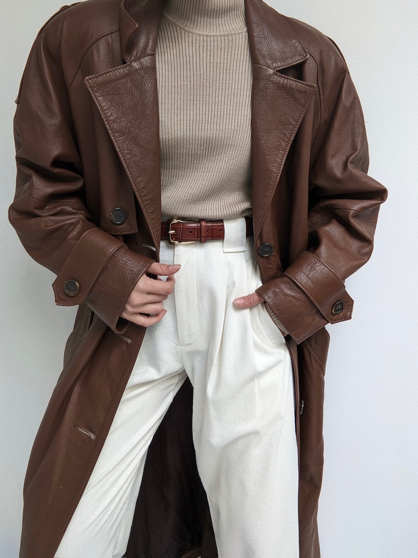 Vintage Tobacco Leather Belted Trench Coat