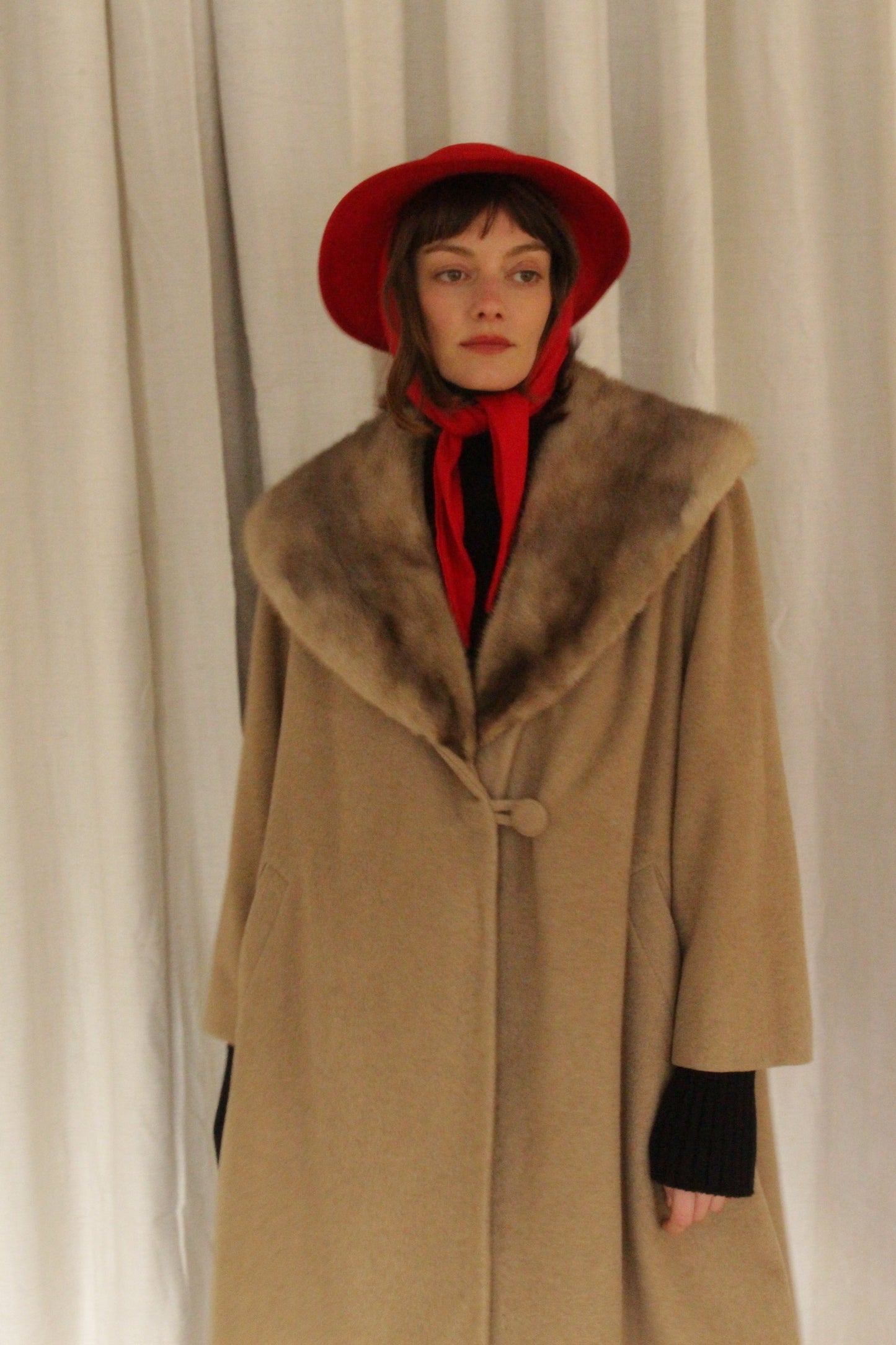 Vintage Latte Pure Cashmere & Fur Collar Coat