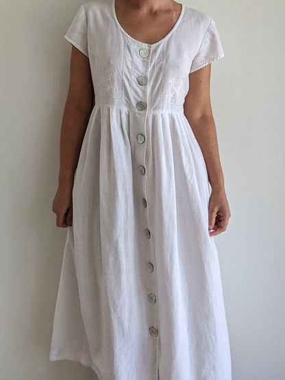 Vintage Ivory Embroidered & Pleated Dress