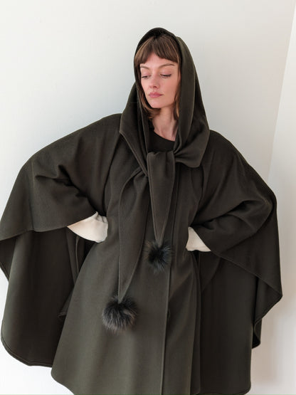 Incredible Vintage Olive Wool & Cashmere Hooded Cape