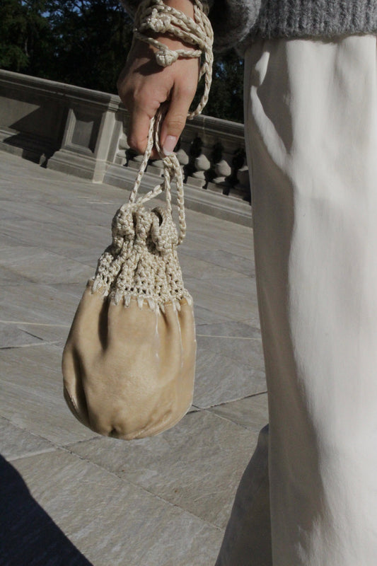 Stunning Vintage Crochet & Velvet Drawstring Purse