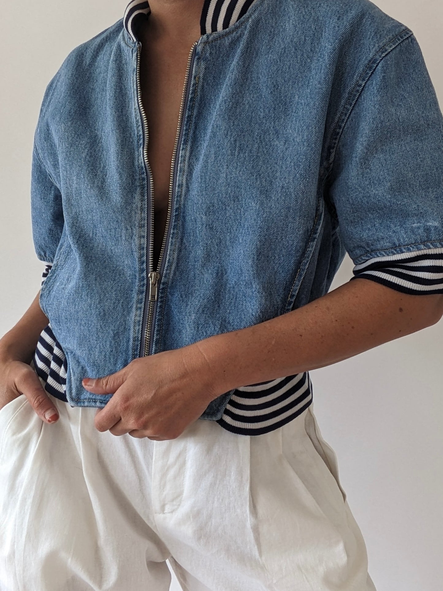 90s Cropped Denim & Stripe Jacket