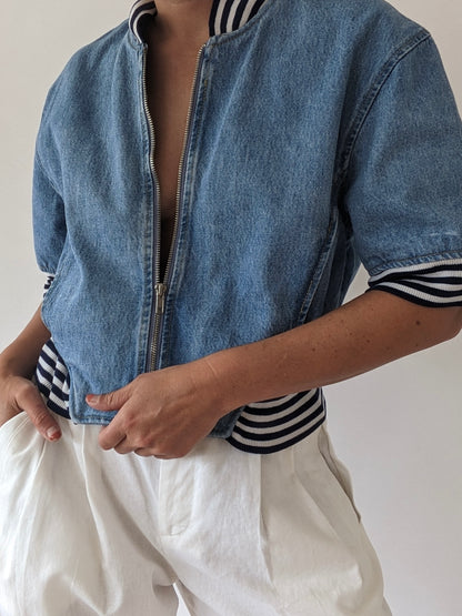 90s Cropped Denim & Stripe Jacket