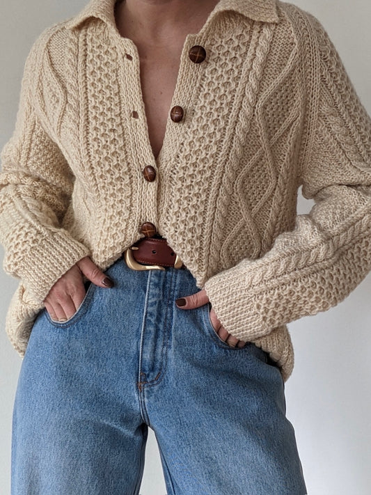 Vintage Buttercream Wool Fisherman Cardigan