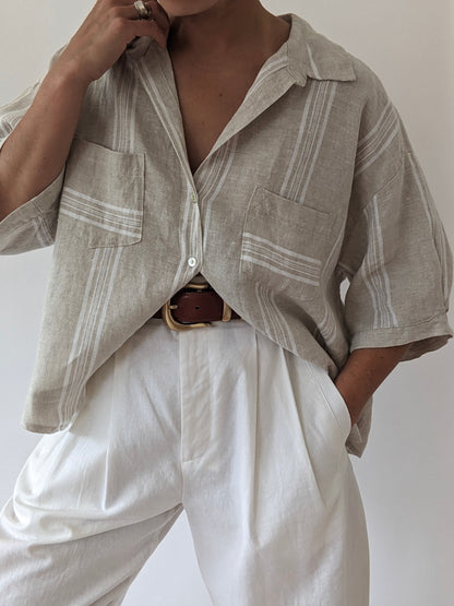 Vintage Striped Oat Linen Blouse
