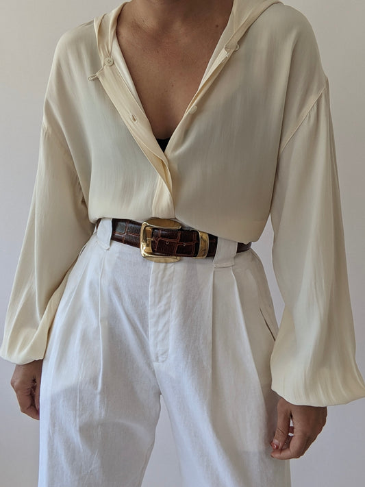 Vintage Cream Silk Hooded Blouse