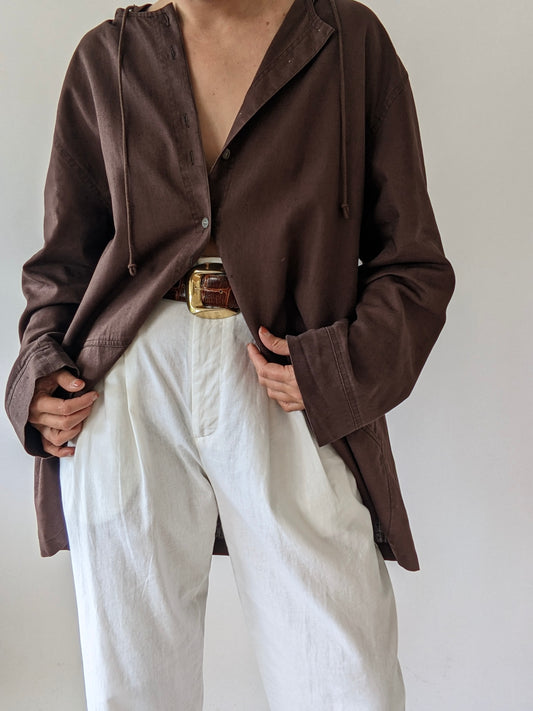 Vintage Cocoa Linen Hooded Jacket