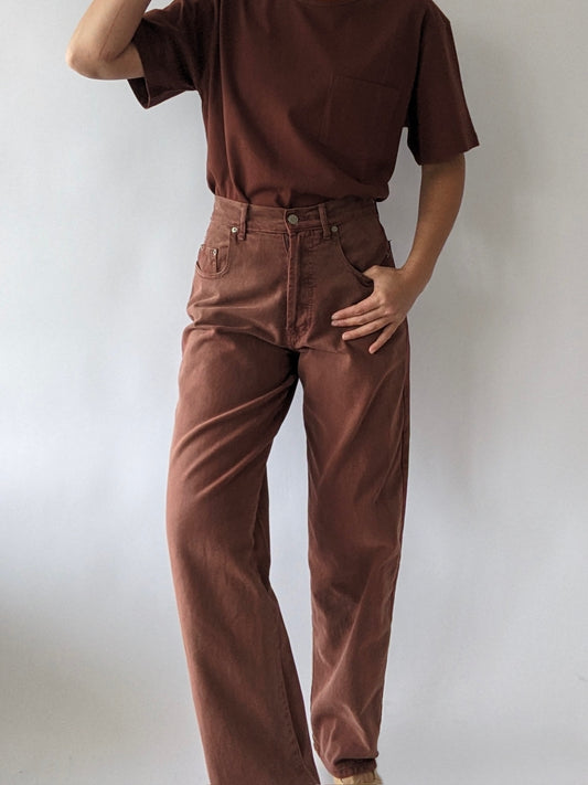 Vintage Faded Brick Red Button-Fly Jeans