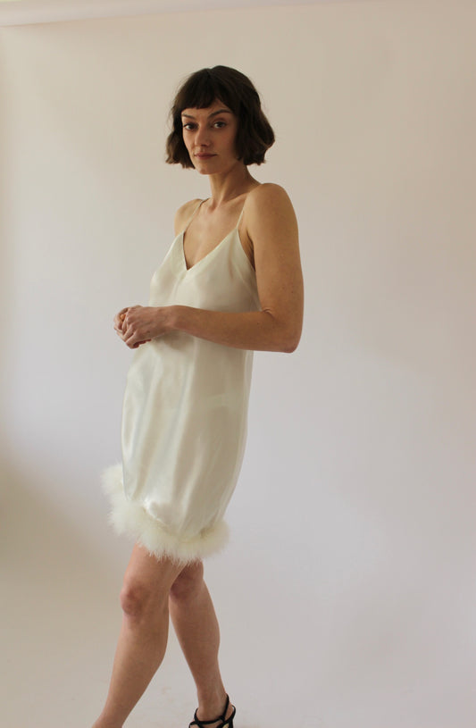 Vintage Satin Faux-Fur Trim Slip Dress