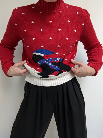 Vintage Winter Dog Embroidered Mock Neck Sweater