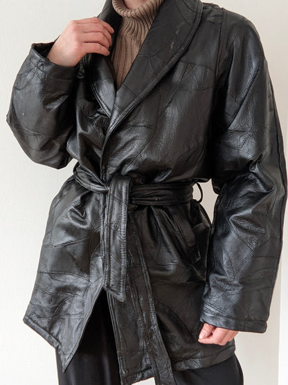 Vintage Onyx Belted Patchwork Leather Coat