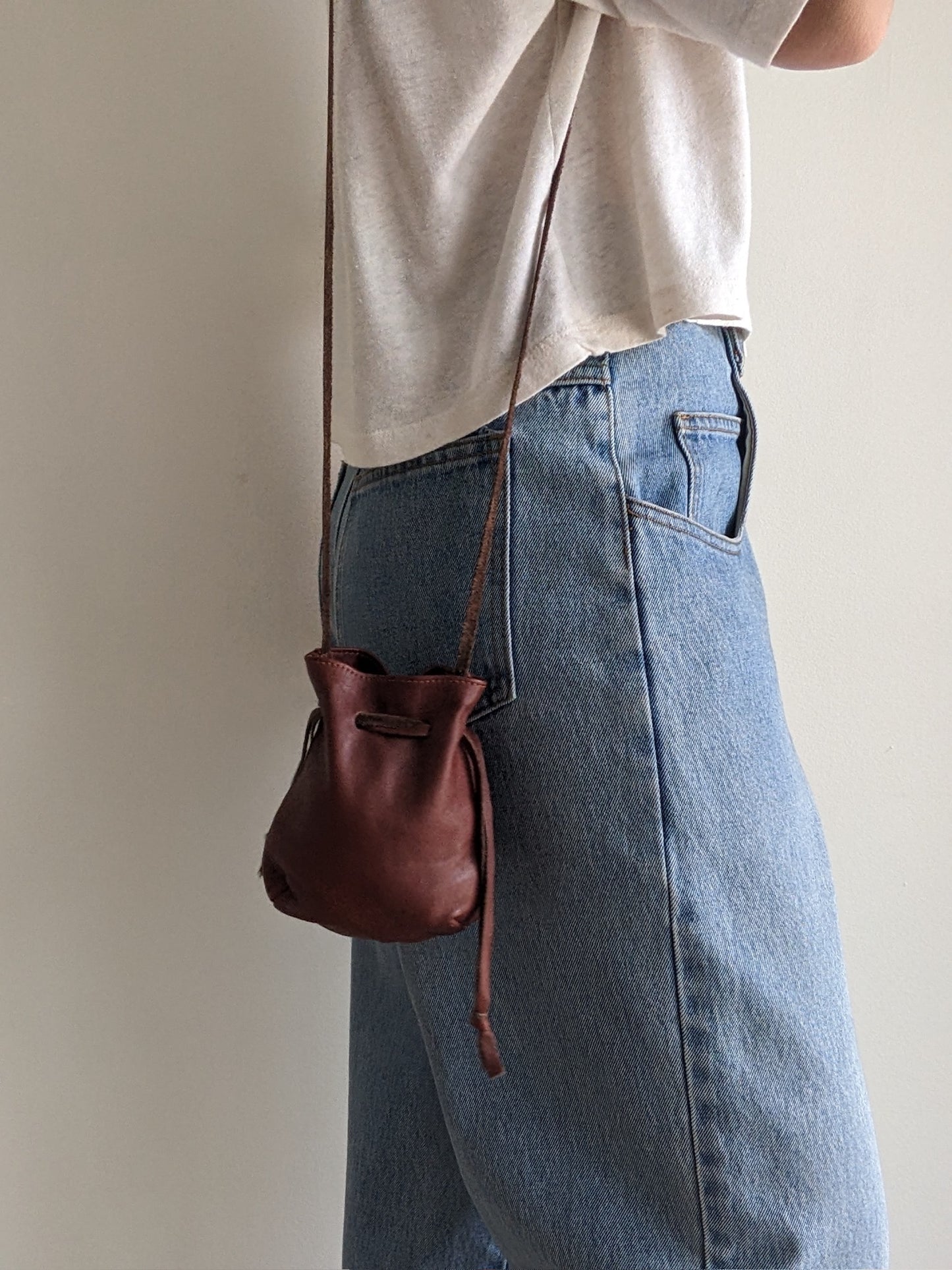 Vintage Petite Drawstring Leather Pouch Bag