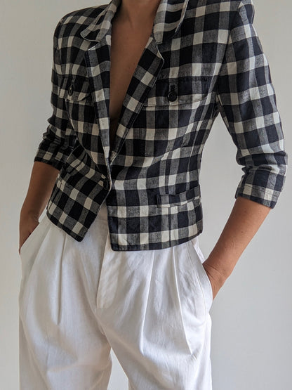 Vintage Petite Checkered Linen Blazer