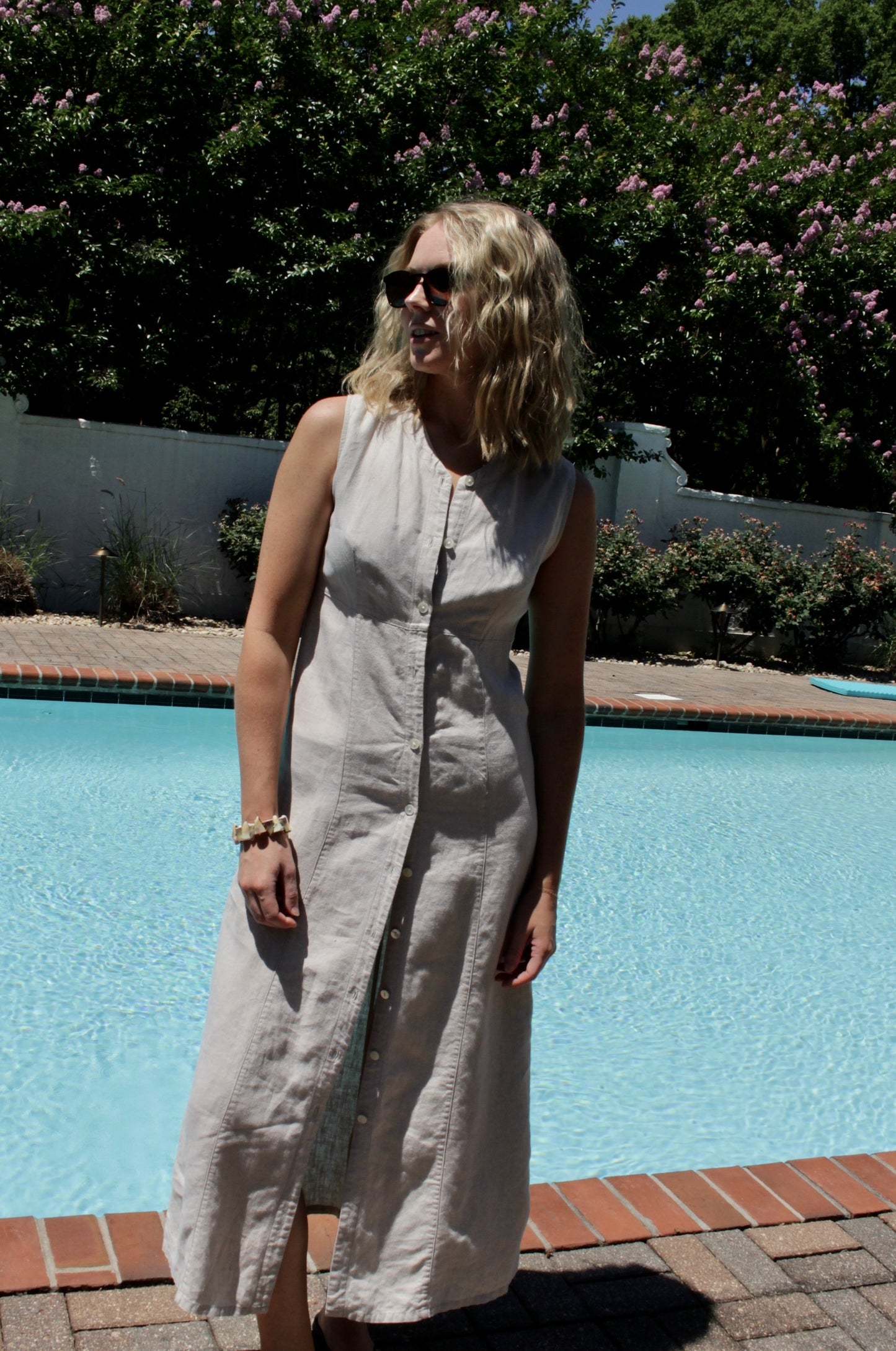 Vintage Pale Oat Buttoned Linen Dress