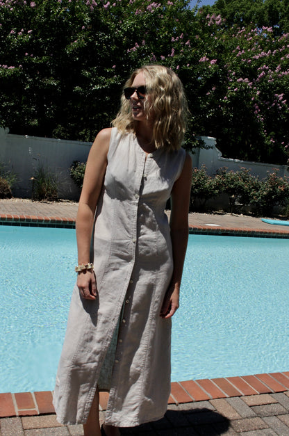 Vintage Pale Oat Buttoned Linen Dress