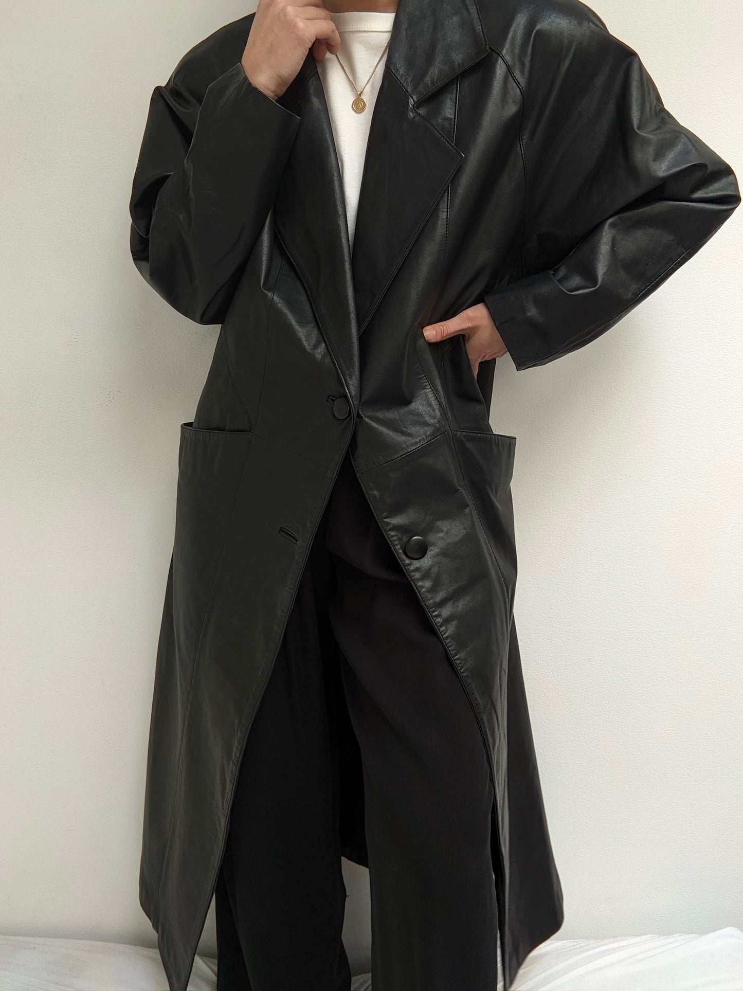 Vintage Black Leather Trench Coat