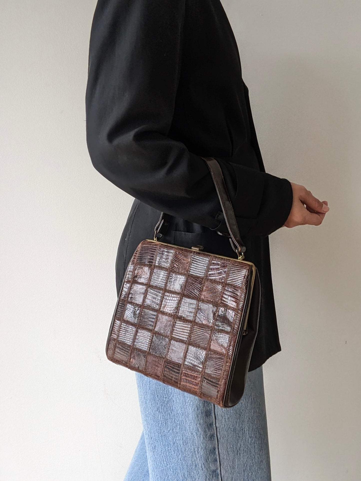 Vintage Patchwork Reptile-Embossed Leather Handbag