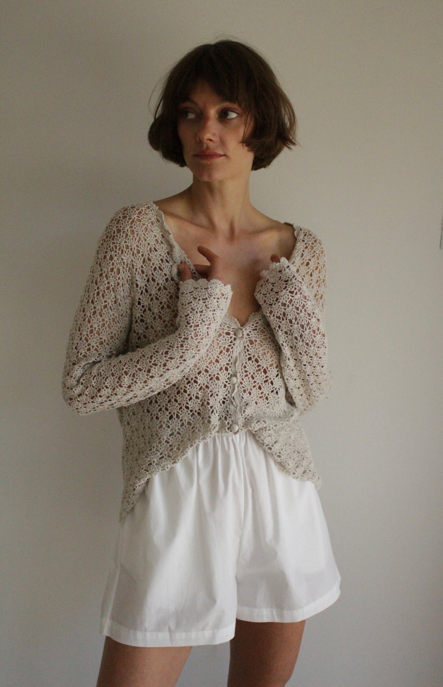 Vintage Stone Crochet Linen Cardigan
