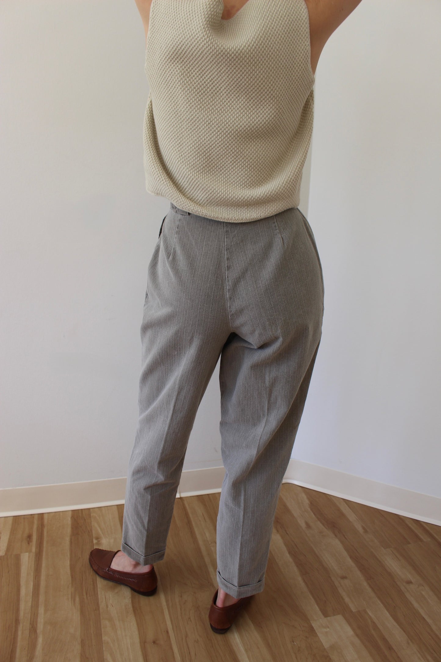 Vintage Stone Pleated Cotton Trousers