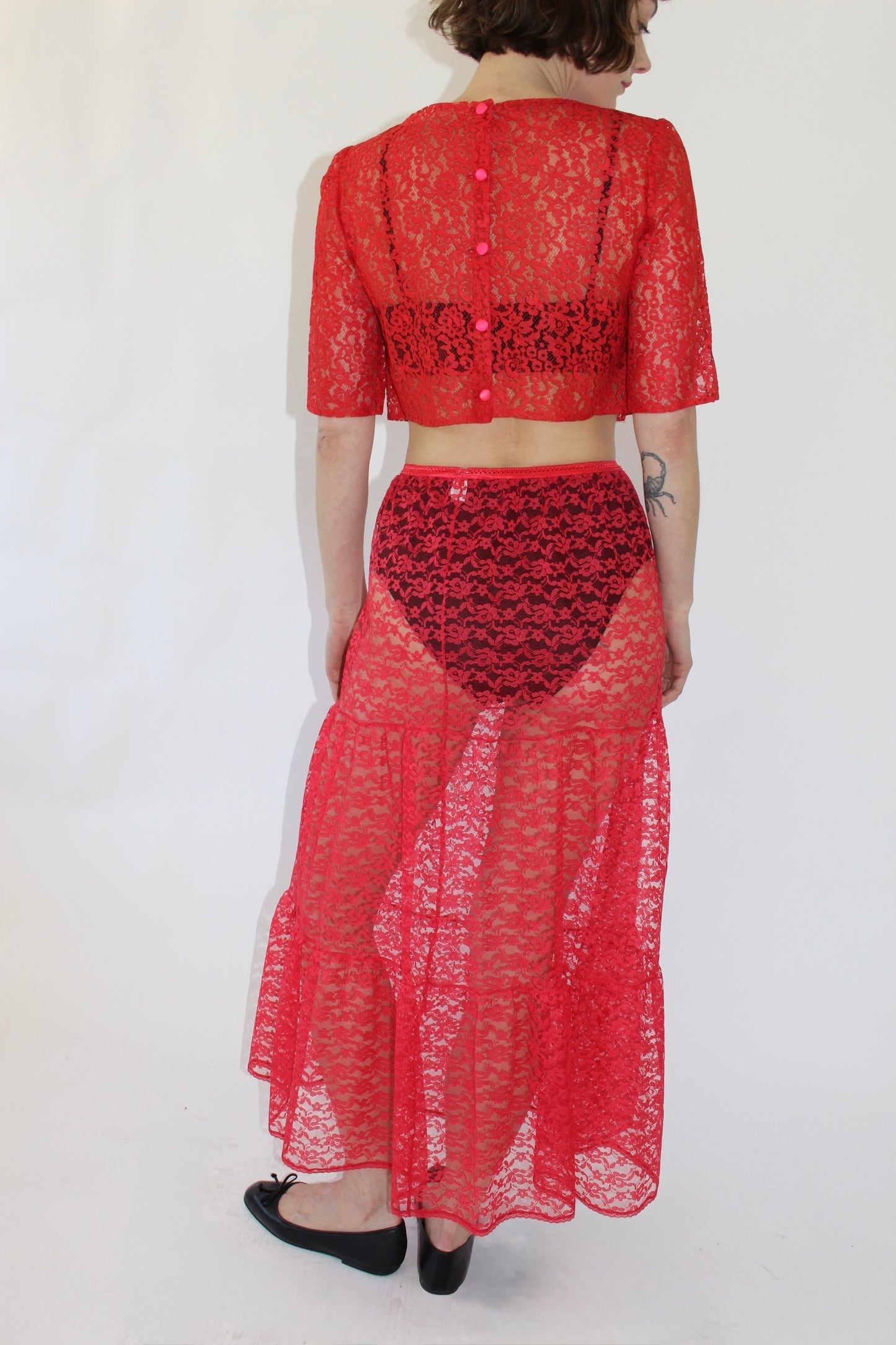 Vintage Raspberry Sheer Lace Skirt