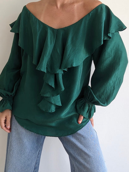 Incredible Vintage Emerald Ruffled Silk Blouse