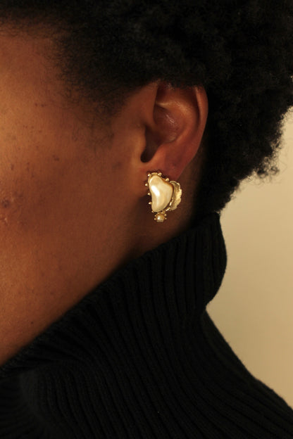 Delicate Vintage Faux Baroque Pearl & Gold Feather Earrings