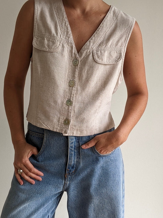 Vintage Cropped Oat Linen Vest