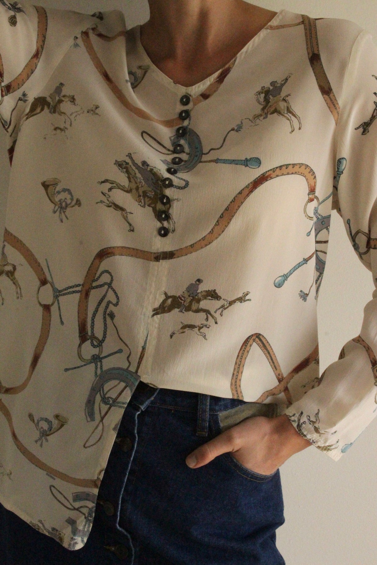 Vintage Equestrian Illustrated Silk Blouse