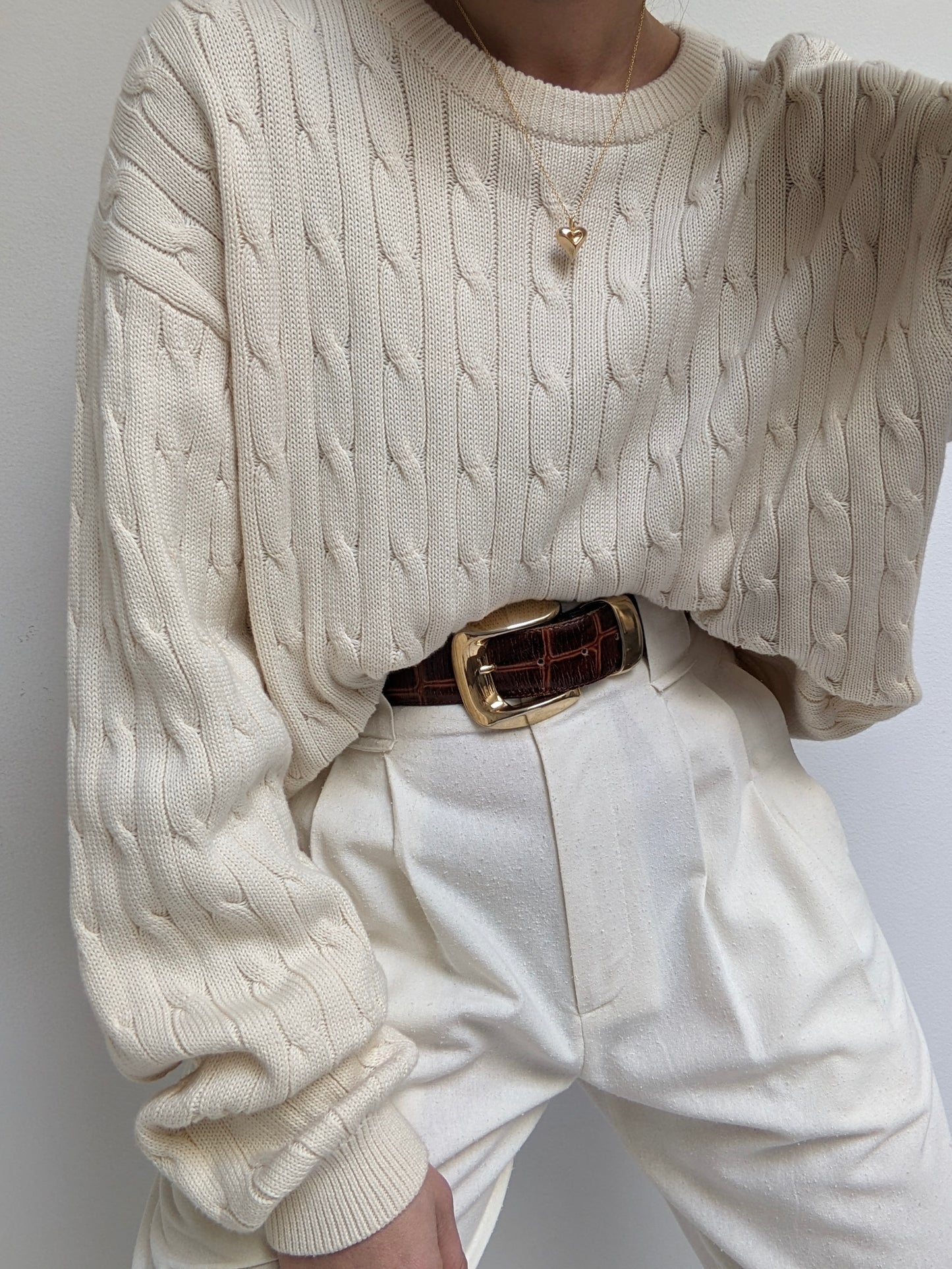 Vintage Cream Cable Knit Cotton Sweater