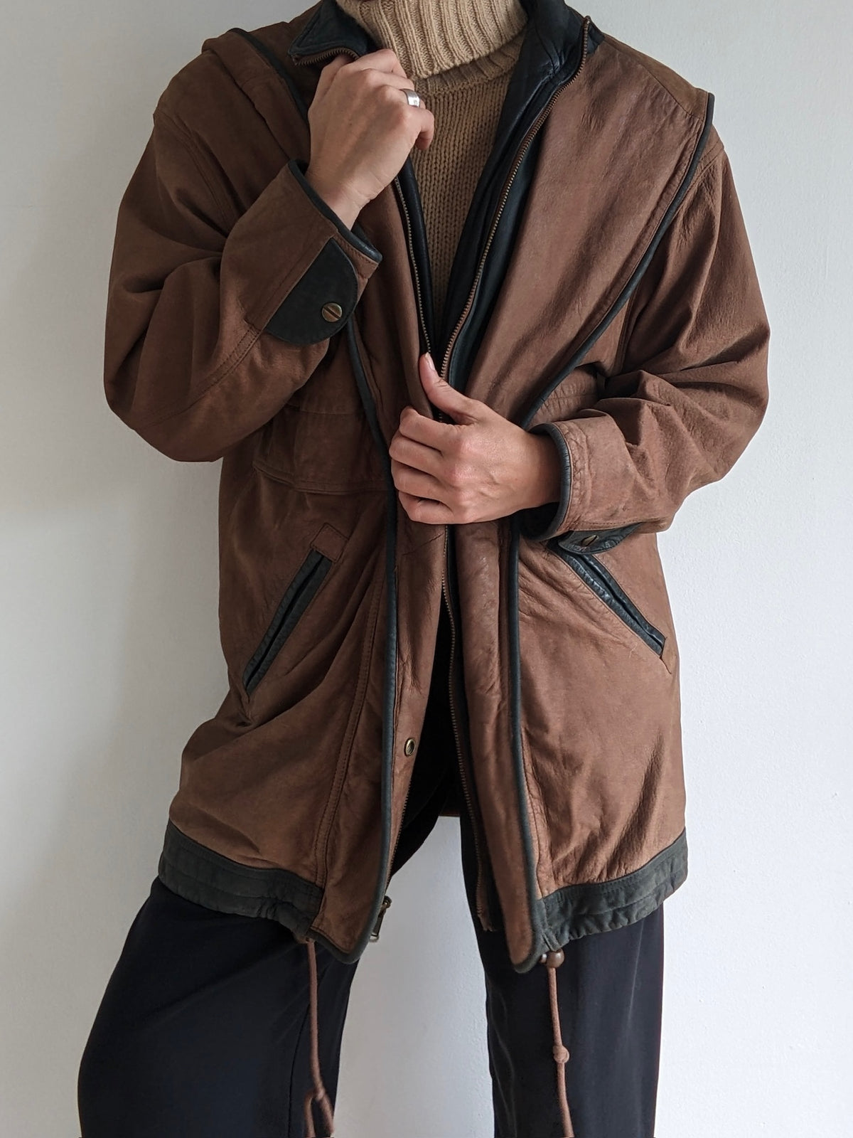 Vintage Hooded Walnut & Forest Leather Jacket