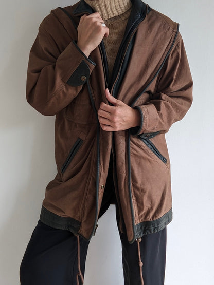 Vintage Hooded Walnut & Forest Leather Jacket
