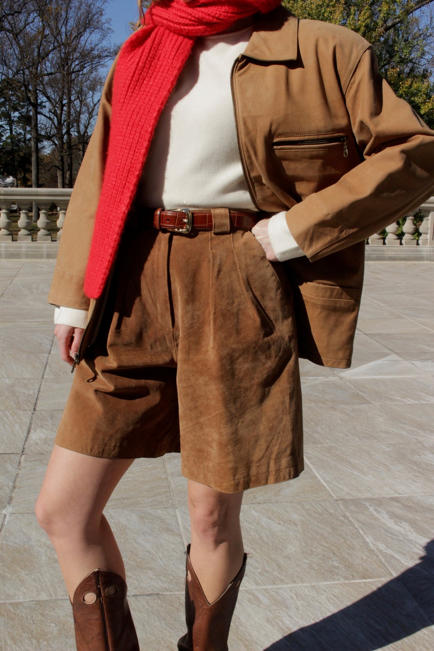 Vintage Pleated Cognac Suede Shorts