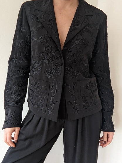 Vintage Dana Buchman Ink Black Embroidered Silk Jacket