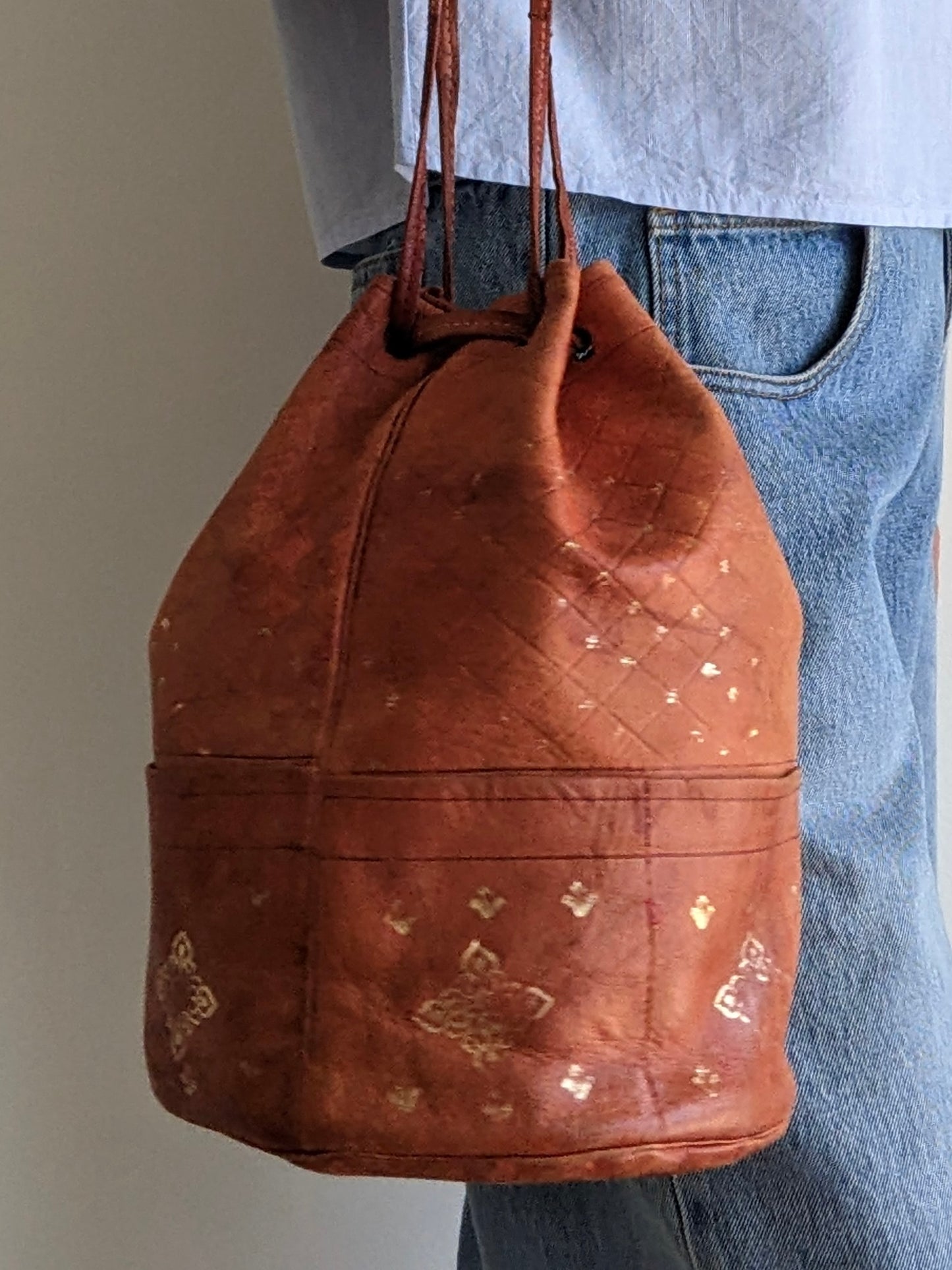 Amazing Vintage Handmade Leather Bucket Bag