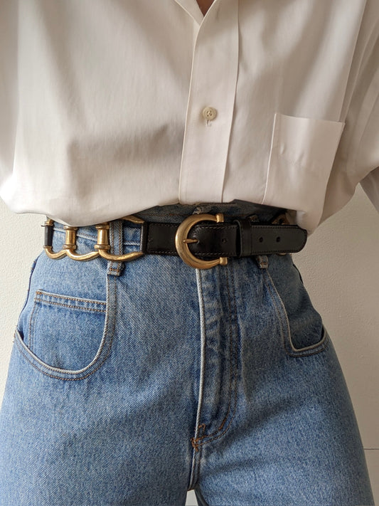 Amazing Vintage Onyx Leather & Chain Link Belt
