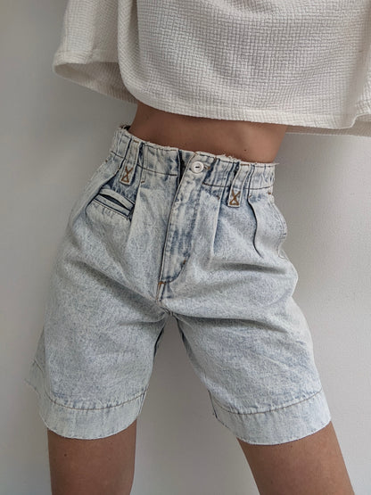 Vintage Acid-Washed Pleated Denim Shorts