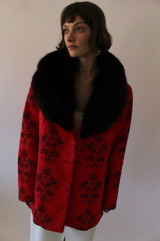 Incredible Vintage Crimson Embroidered Fur-Collar Jacket