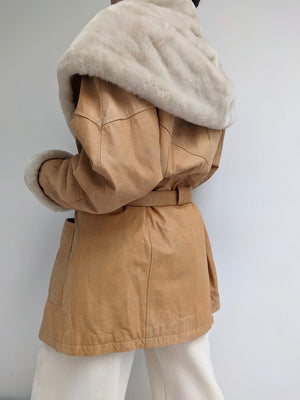 Rare Beautiful Leather & Faux Fur Belted Coat