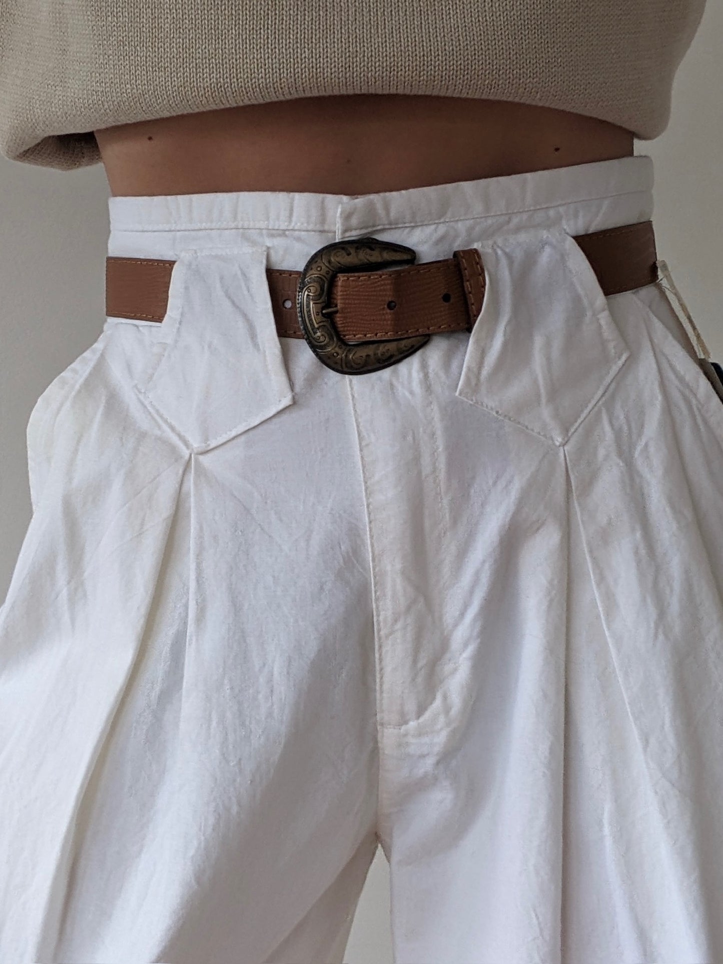 Vintage Eggshell Pleated Cotton Trousers