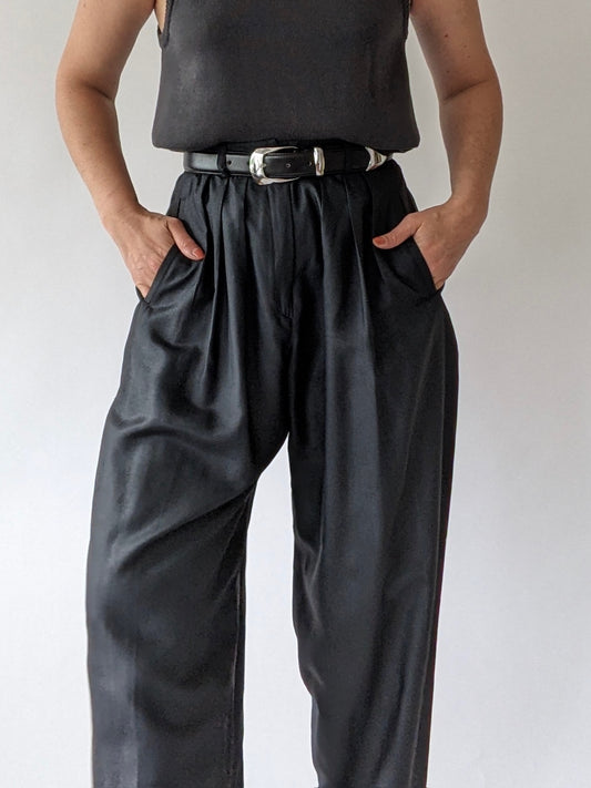 Vintage Ink Black Pleated Silk Trousers