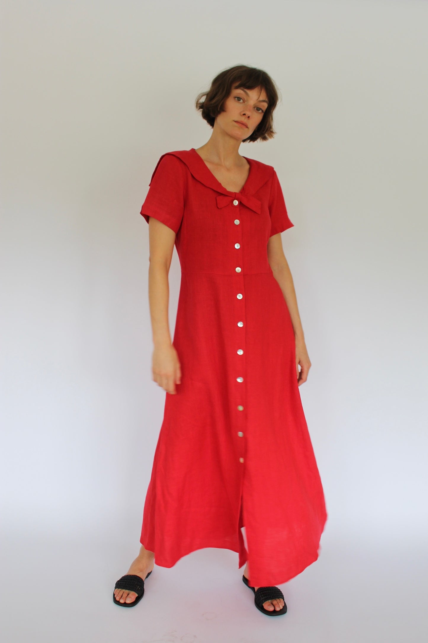 Vintage Cherry Red Linen Sailor Dress