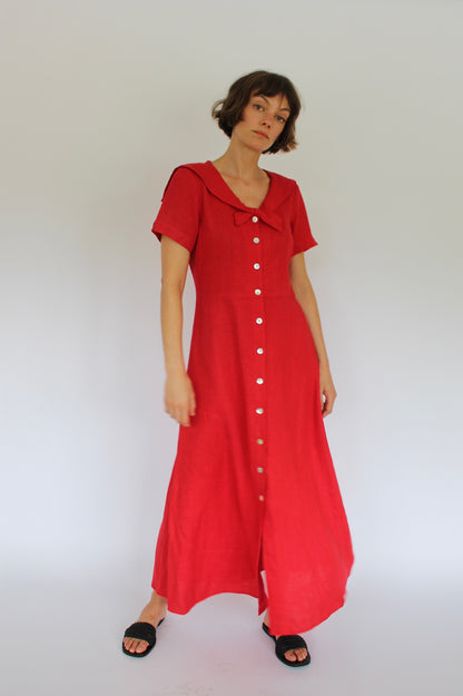 Vintage Cherry Red Linen Sailor Dress