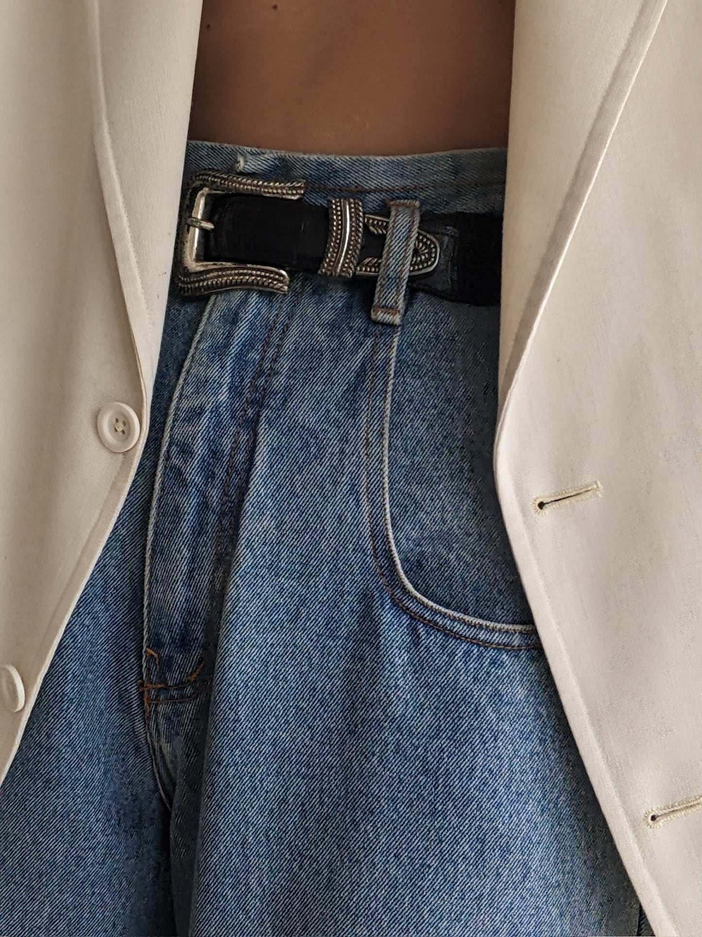 Vintage Silver Hardware & Black Leather Belt