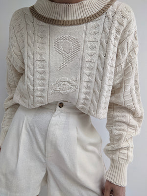 Vintage Cream Patterned Knit Sweater