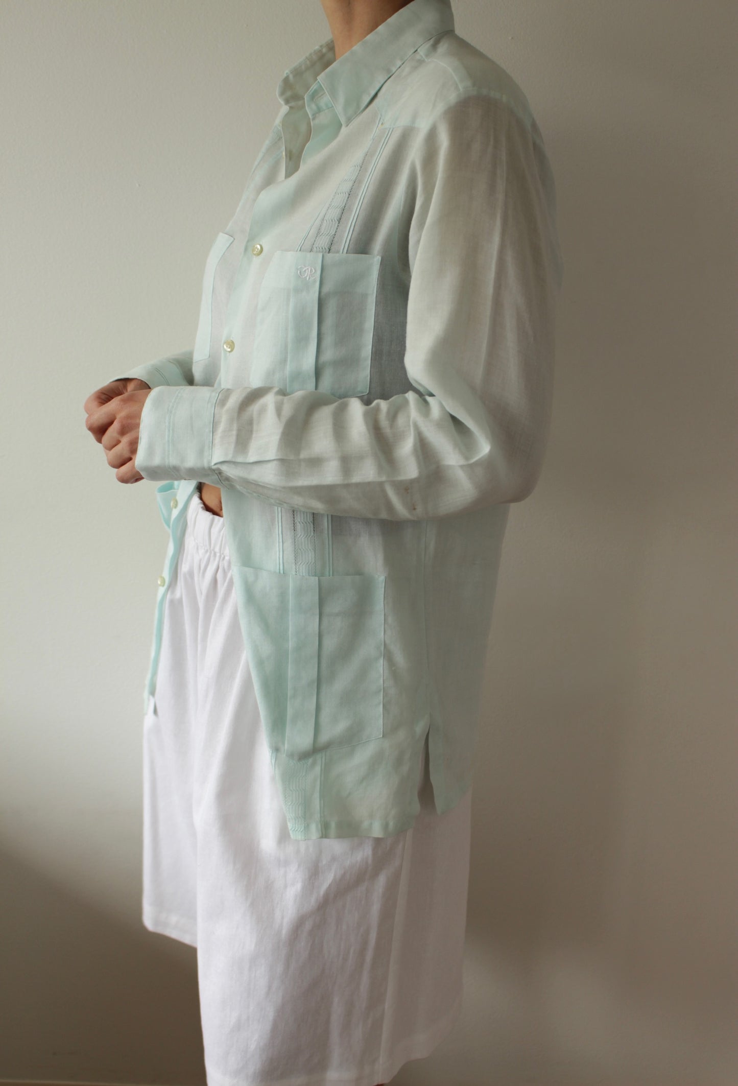 Vintage Oscar de la Renta Aqua Linen Button Up