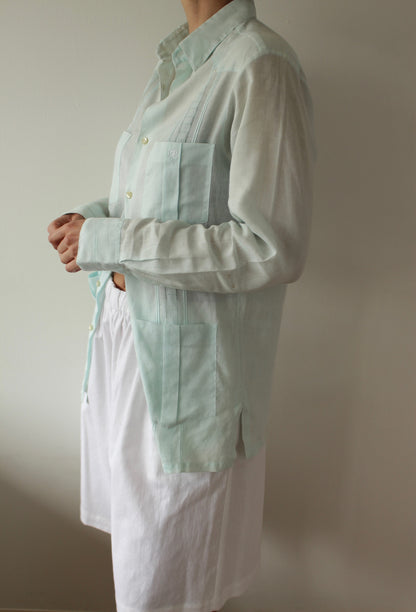 Vintage Oscar de la Renta Aqua Linen Button Up