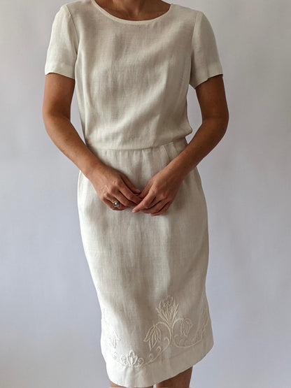 Vintage Ivory Embroidered Linen Dress