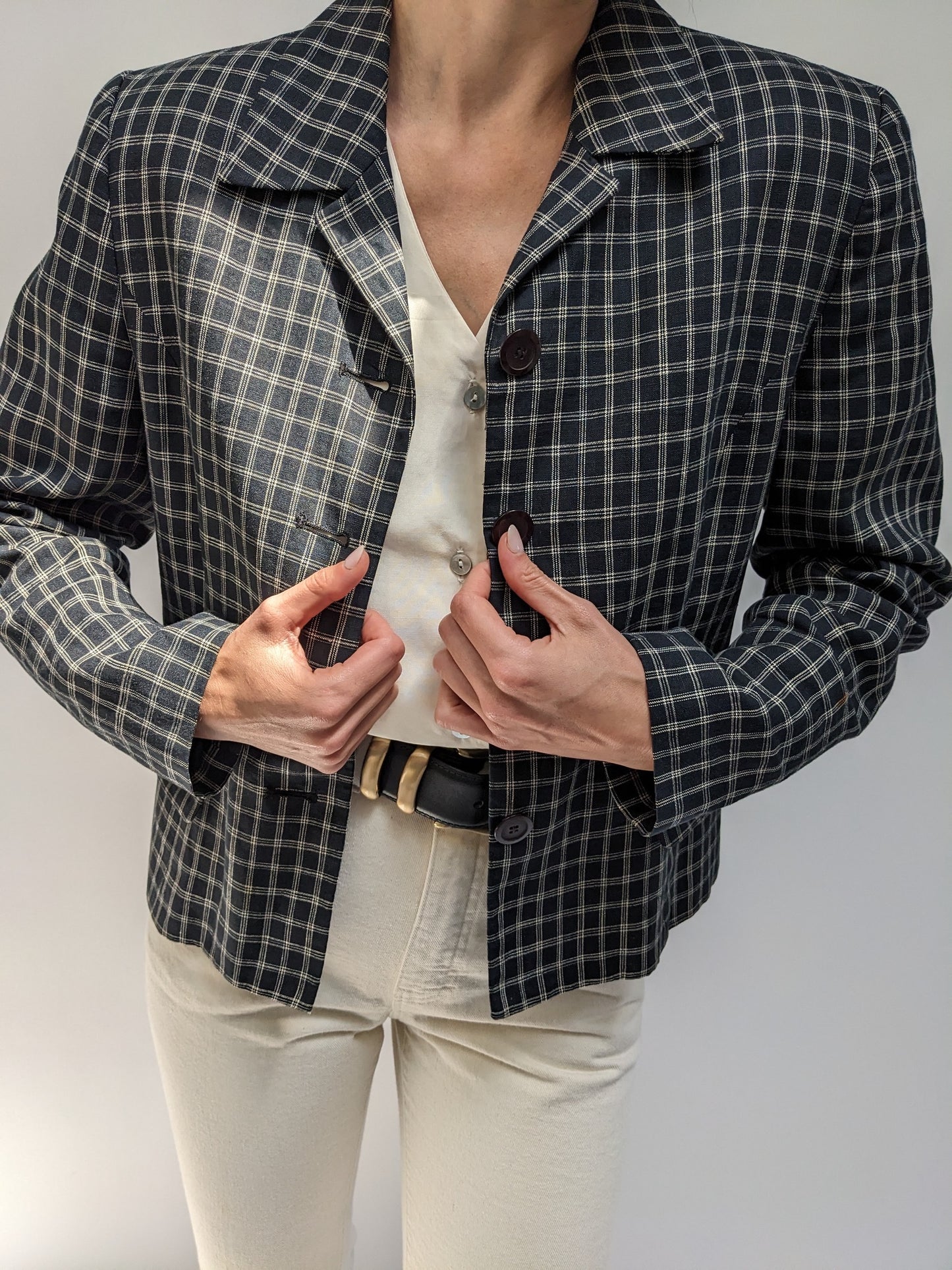 Vintage Midnight Linen Grid Blazer