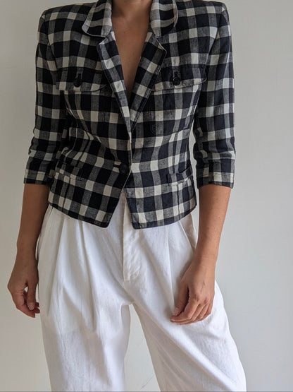 Vintage Petite Checkered Linen Blazer