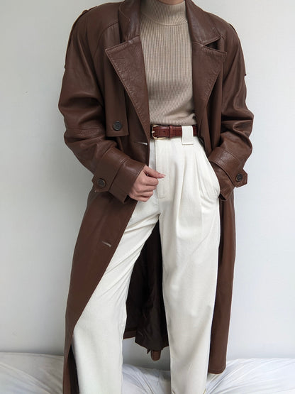 Vintage Tobacco Leather Belted Trench Coat